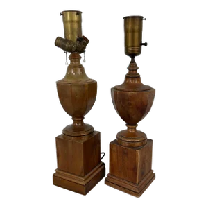 1930's English Carved Wood Urn Form Library Table Lamps - a Set of 2