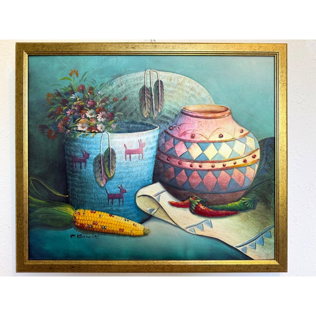 This vibrant textured oil on canvas painting presents a richly detailed still life inspired by Southwestern and folk art...