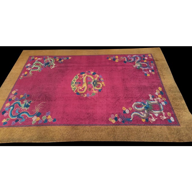 1920s Red Dragon Antique Chinese Art Deco Rug 6' X 8'9 Handknotted Wool Carpet For Sale - Image 4 of 6