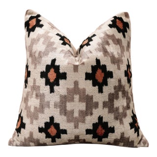Luxury Neutral Ikat Velvet Throw Pillow 20x20 | Handmade Designer Silk Velvet Cushion For Sale
