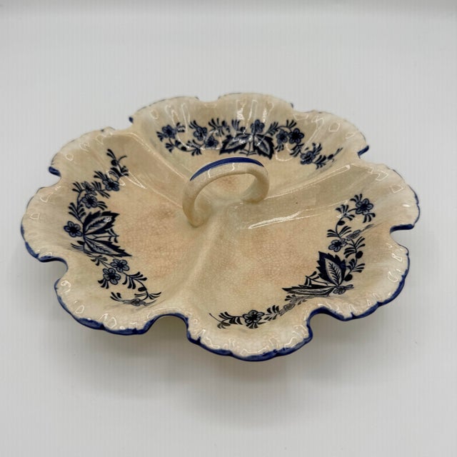 Blue Vintage Blue and White Floral Divided Relish Dish With Scalloped Rim For Sale - Image 8 of 10