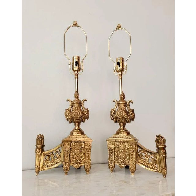 Brass Antique French Neoclassical Fireplace Chenet Lamps - a Pair For Sale - Image 8 of 11