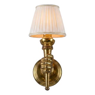 Art Deco Brass Hand-Form Torch Wall Sconce with White Pleated Shade, 1930s For Sale