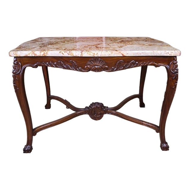 Carved Table with Thick Marble Top For Sale