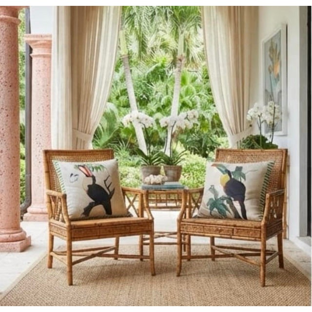 Vintage Tropical Linen Toucan Throw Pillows With Green Striped Borders, 2 Pieces For Sale - Image 10 of 12