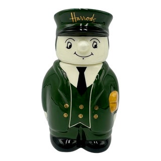 Vintage Harrods London Doorman Green Bellhop Ceramic Canister For Sale