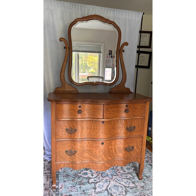 Antique 1900’s Atlas Furniture Co. Tiger Oak Serpentine Dresser With Tilting Beveled Mirror and Bail Pull Handles For Sale - Image 12 of 17