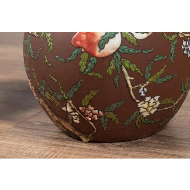 Mid-Century Modern Vintage Chinese Kendi Shape Brown Vases with Floral and Fruit Décor - a Pair For Sale - Image 3 of 13