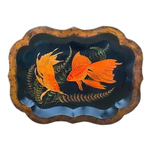 19th-C. English Tole Tray With Recent Faux Tortoise and Fish / Carp Painting
