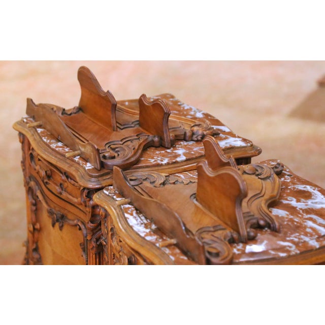 Pair of Early 20th Century French Louis XV Walnut Nightstands With Marble Tops For Sale - Image 12 of 13