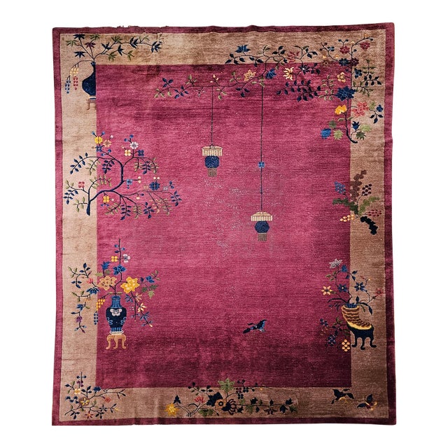 Vintage Chinese Art Deco Hand-Knotted Rug, Floral Motif, Wool, 1900s, 9' x 12' For Sale
