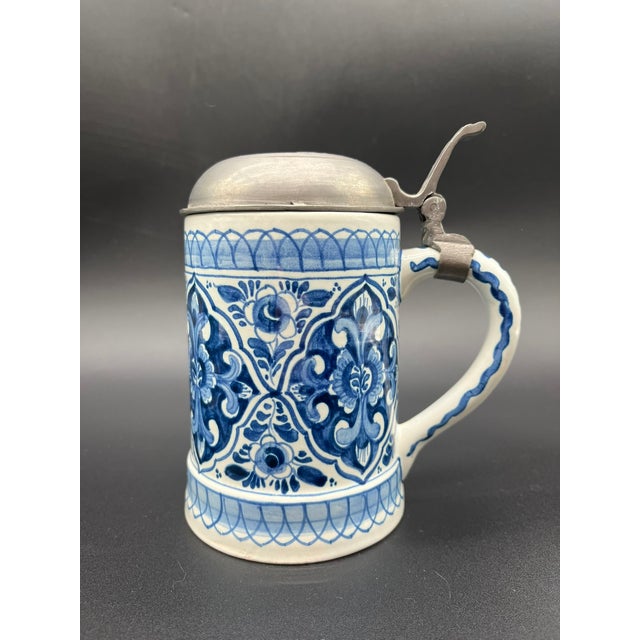 Antique Hand-Painted Beer Mugs with Pewter Lids from Royal Delft, 1920, Set of 2 For Sale - Image 3 of 18