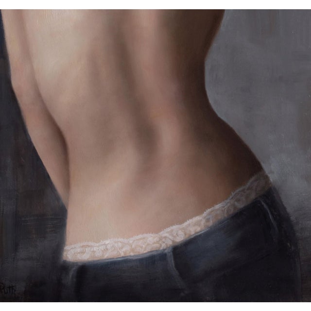 Early 21st Century Eve by Kelly Birkenruth | Oil on Panel Back of a woman with lace detail on jeans. For Sale - Image 5 of 5