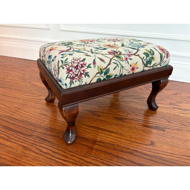 Vintage English Linen Floral Upholstered Wooden Footstool For Sale - Image 12 of 12