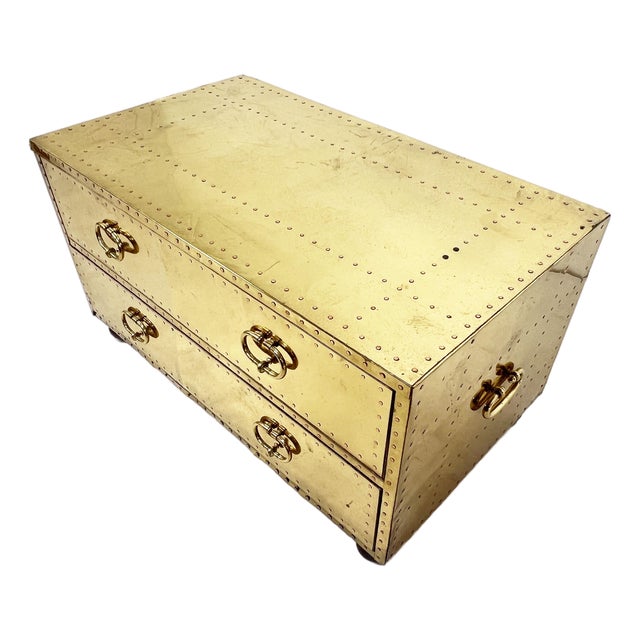 C. 1970s Sarreid Brass Clad Cocktail Table / Two-Drawer Chest For Sale