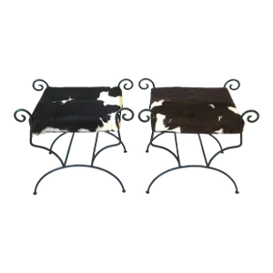 Black Wrought Iron and Hide Benches or Stools, Pair