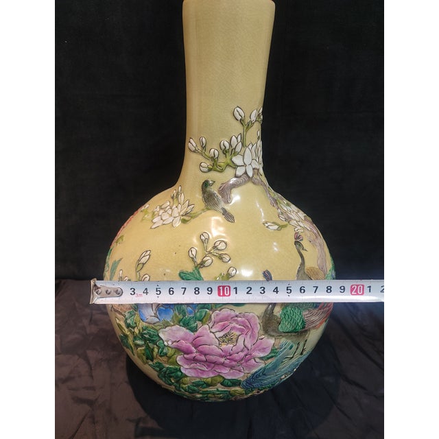 Chinese Ceramic Vase Qing Dynasty Qianlong Marked Yellow Ground Famille Rose Porcelain Tianqiu Vase Hand Carved Peacocks Pattern For Sale - Image 10 of 10