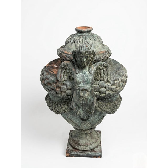 Monumental Neoclassical Terracotta Urn With Winged Sphinx Handles and Faux-Bronze Patina For Sale - Image 4 of 11