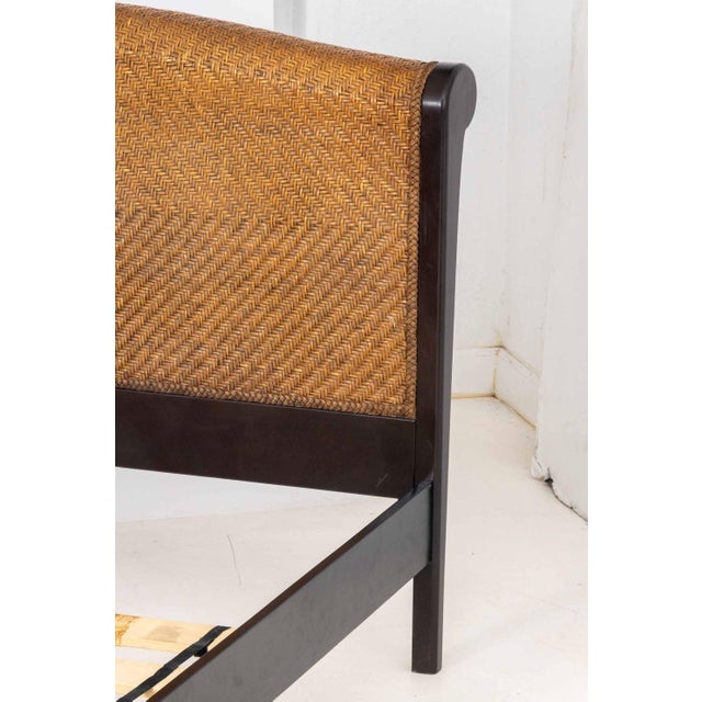Wood Rattan and Ebonized Wood Queen Sleigh Bed Frame For Sale - Image 7 of 11