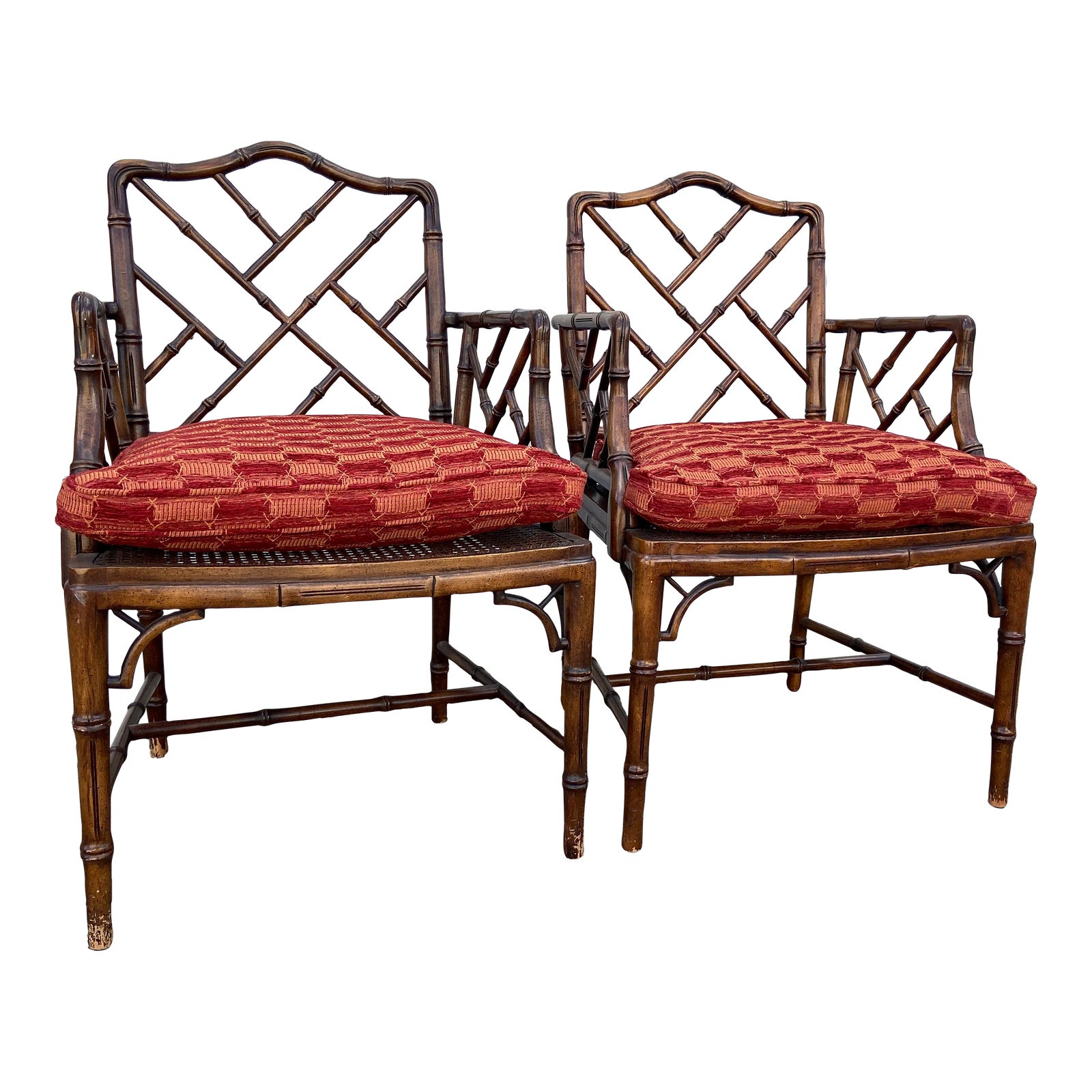 1970s McGuire Style Chinese Chippendale Faux Bamboo Arm Chairs Pair