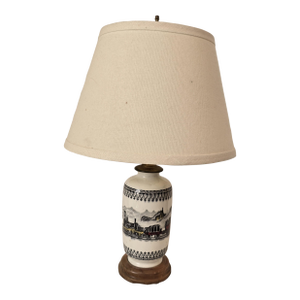 Vintage Transferware Ceramic Table Lamp With Train Motif