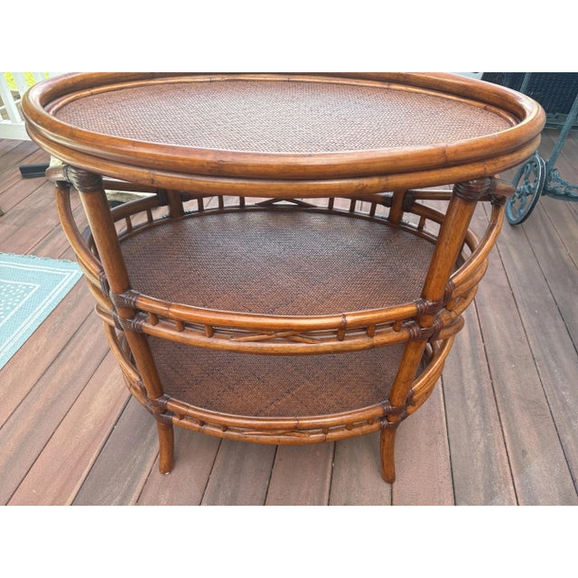 Wood Tiered Palecek Rattan Bamboo Table For Sale - Image 7 of 11