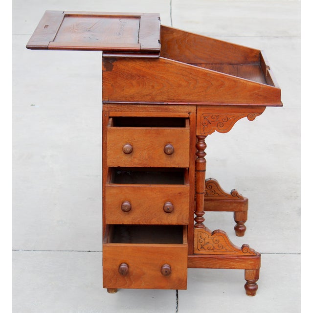 Victorian Antique 1860s Victorian Walnut Davenport Writing Desk English Slant Front Secretary With Original Green Baize Top For Sale - Image 3 of 18