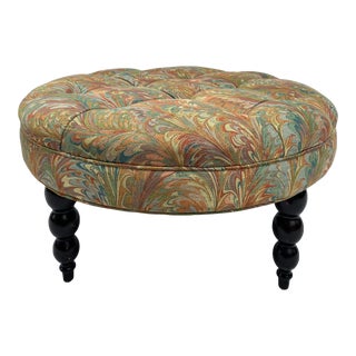 Tufted Swirl Round Ottoman With Espresso Legs For Sale