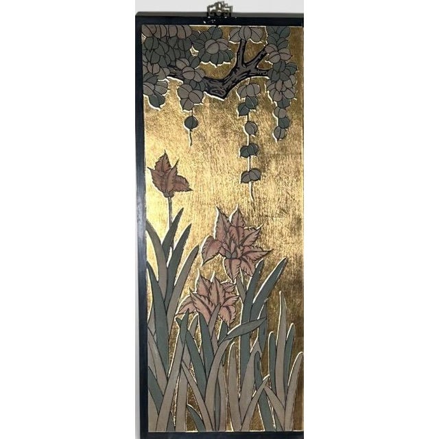 Vintage Chinese Chinoiserie Gilt Wood Wall Panels Panoramic Wisteria and Iris Floral Scene Set of Four This incredibly...