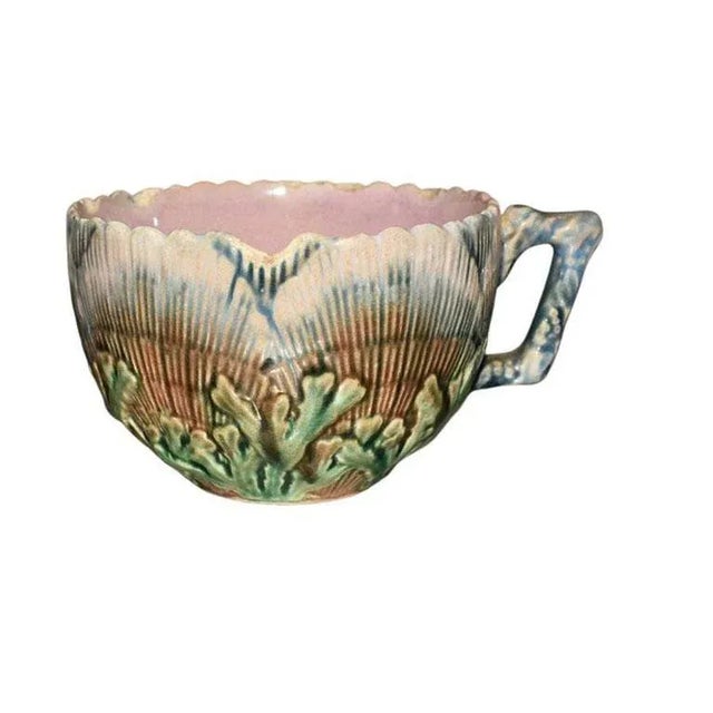 Late 19th Century Antique Etruscan Seaweed Griffin Smith Hill Majolica Tea Cup and Saucer 19th Century For Sale - Image 5 of 7
