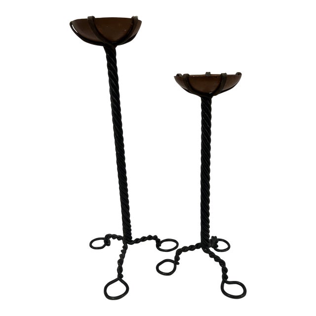 Two, Arts & Crafts Period Wrought Iron and Copper Candlesticks For Sale