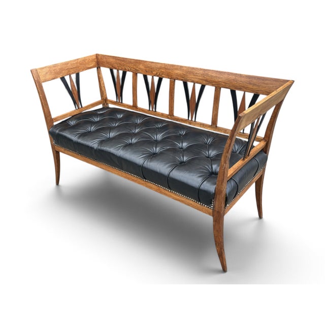 Black Vintage Sculpted Wood Bench With Button-Tufted Black Leather Seat For Sale - Image 8 of 12