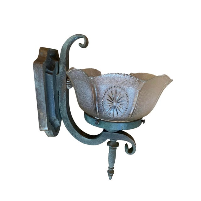 1910s Pair Cast Bronze and Pressed Glass Sconces With Original Verdigris Patina, Circa 1910 For Sale - Image 5 of 6