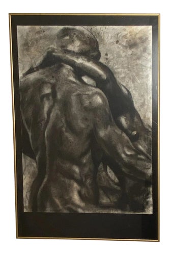 Circa 1980 Vintage Charcoal Sketch of Two Figures, Usa