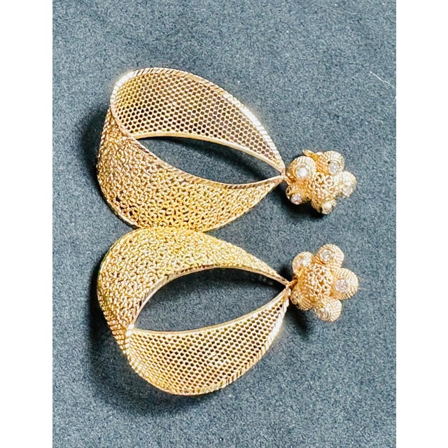 Metal 21 Kt Yellow Gold 12.8 Gm Dangling Earrings With Diamonds, 2.2 Inch Long For Sale - Image 7 of 8