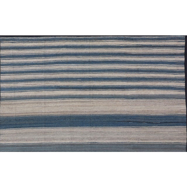 Early 21st Century Flat-Weave Modern Kilim Rug With Stripes in Shades of Blue, and Cream For Sale - Image 5 of 12
