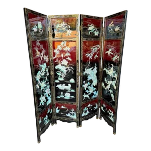 Mid 20th Century Chinese Export Four Panel Mother of Pearl Coromandel Lacquered Hand Painted Screen Room Divider