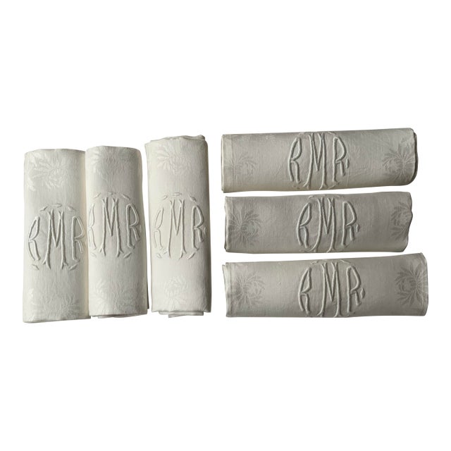 Exceptional Set of Six French Art Deco Linen Dinner Napkins With Monogram, C. 1910 For Sale