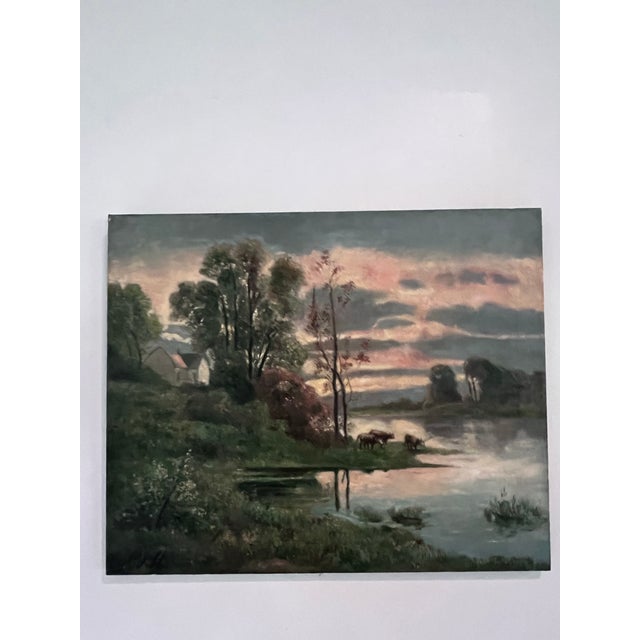 Farmhouse Vintage Tonalist Riverside Landscape Oil Painting on Canvas For Sale - Image 3 of 9