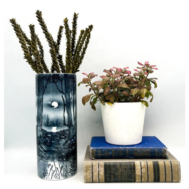 Gorgeous ceramic vase with a charming hand painted scene. Features the moon over a lake surrounded by trees, reminiscent...