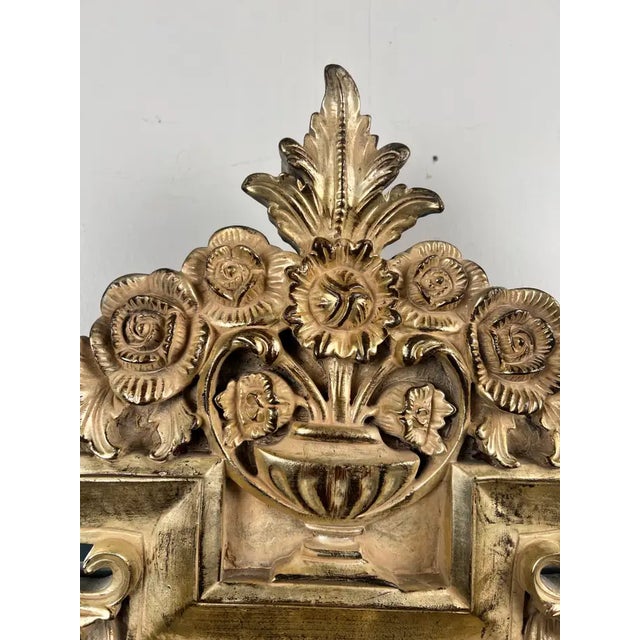 Gold Neoclassical Revival Champagne Gold Large Mirror With Urn and Floral Pediment For Sale - Image 8 of 12
