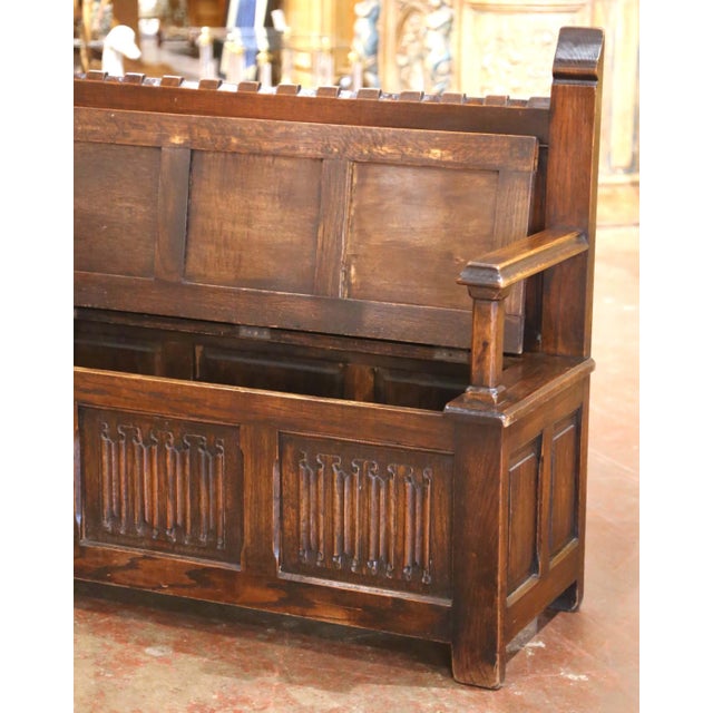 Wood Early 20th Century French Gothic Revival Carved Oak Hall Bench With Storage For Sale - Image 7 of 9