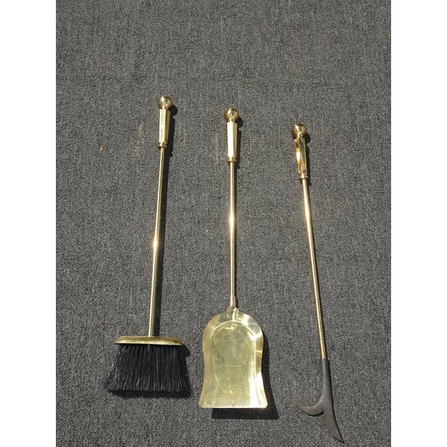 Vintage French Country Gold Brass Fireplace Tools W Three Tools For Sale - Image 10 of 12