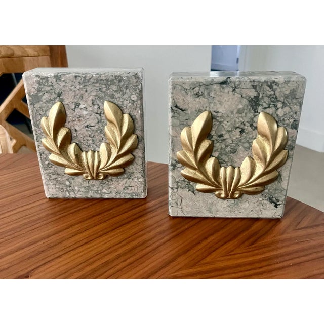 Mid 20th Century Marble Bookends With Gilt Bronze Laurel Wreath Accents-Set of 2 For Sale - Image 4 of 8