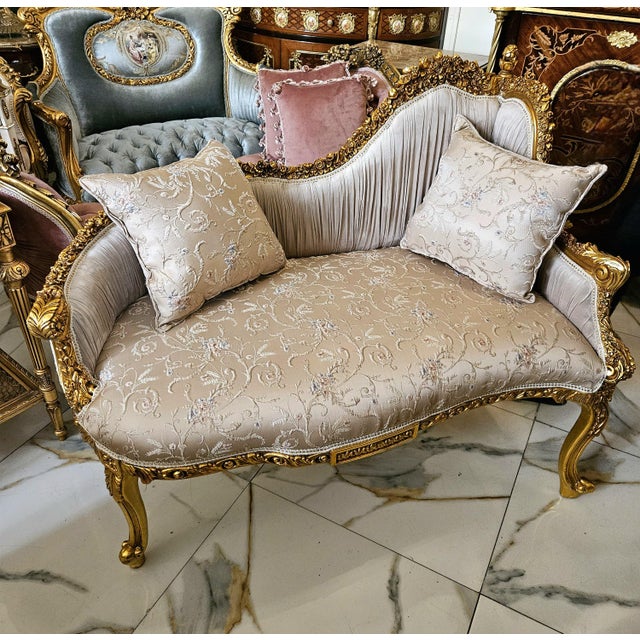2020s French Rococo Style Settee Sofa – Beige Embroidered Upholstery With Ornate Gold Leaf Frame For Sale - Image 5 of 5