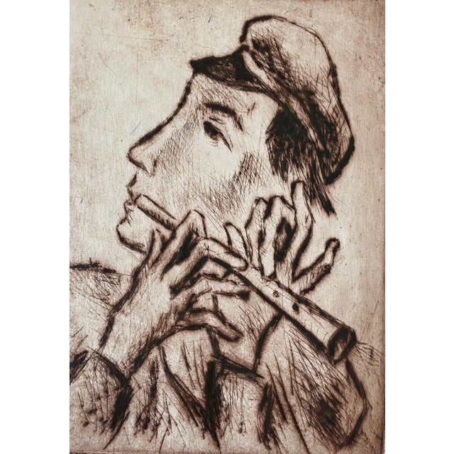 Modern Boris Deutsch, Shtetl Village Doodka Player Judaica Jewish California Modernist Artist Etching, 1970 For Sale - Image 3 of 7