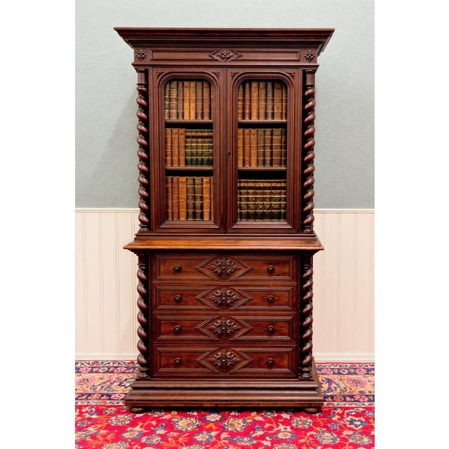 Beautifully Carved Antique French Oak Barley Twist Bookcase on Chest of Drawers~~c. early 1900s Handsome double door upper...