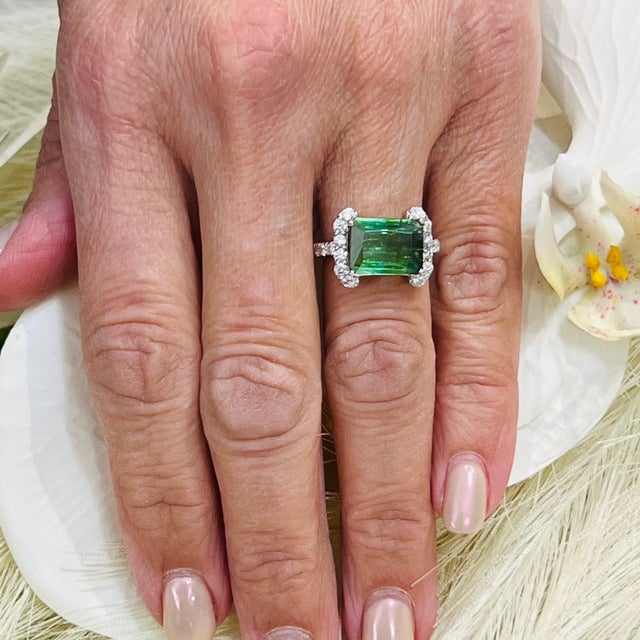 Metal Natural Tourmaline Diamond Ring 14k W Gold 4.2 TCW Certified For Sale - Image 7 of 16