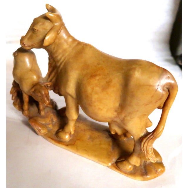 Japanese Yellow Jasper Hardstone Carving of a Cow and Calf For Sale - Image 10 of 16
