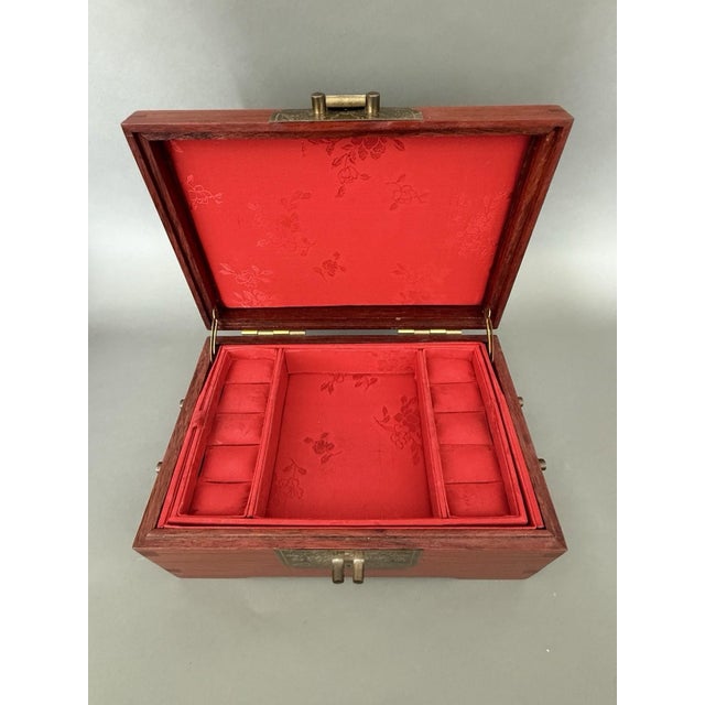 Brown Chinese Asian Wooden Jewelry Box Brass Red Lined Trinket Chest W/Key + Lock Vintage For Sale - Image 8 of 18